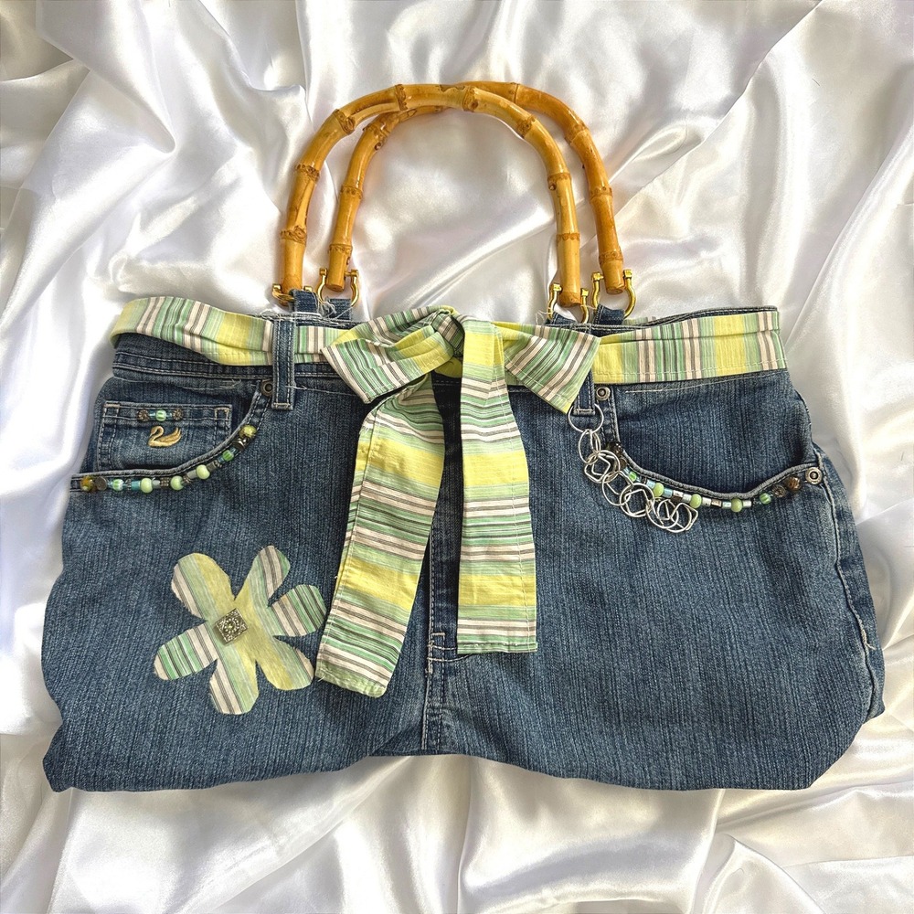 Gloria Vanderbilt Upcycled Denim Tote Bag Bamboo Handles Beaded Y2K Boho Blue
